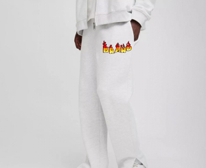 Pantalon de survêtement vintage en coton blanc pour homme avec imprimé flamme, taille mi-haute, coupe droite, décontracté, pour l'automne, service OEM - Product Image 1