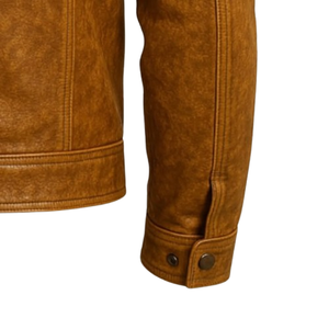 Veste en cuir véritable marron pour homme, style motard, col rabattu, fermeture éclair, couleur unie, vêtement d'automne - Product Image 4