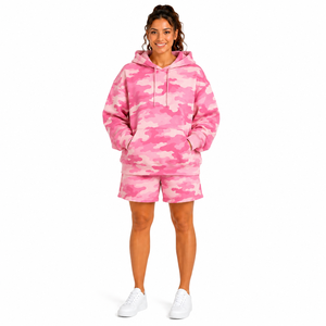 Custom Women Camo Short <b>Set</b> Oversized Pullover Hoodie Kangaroo Pocket Shorts <b>Set</b> Camouflage Print Fleece Tracksuit Short <b>Set</b> - Product Image 1