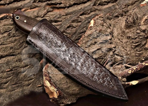 Cuchillo de caza OEM Wirecut de acero de Damasco, tipo Skinner, mango de micarta de ciervo, hoja fija, para camping, actividades al aire libre y EDC, con funda de cuero. - Product Image 4