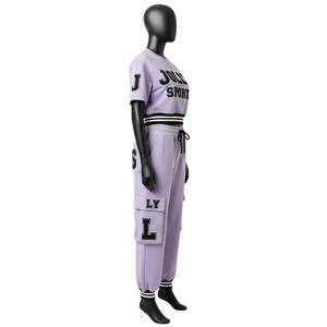 Conjunto de Pantalón Cargo y Top Corto de Felpa Suave de Algodón para Mujer, 300 GSM, Color Lavanda, Cintura Elástica con Rayas, Parche de Chenilla, Conjuntos para Mujer - Product Image 3