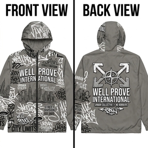 Chaqueta Cortavientos Impermeable para Hombre con Capucha y Forro Polar, Ligera, 120 GSM, Poliéster, Gris, Negro, Graffiti, Impresión Digital Personalizada - Product Image 1