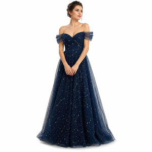 Robe de bal bleu marine luxueuse à épaules dénudées, robe de soirée en tulle ornée d'étoiles |   Tenues de soirée formelles pour femmes |   OEM Inde 2026 Pr - Product Image 1
