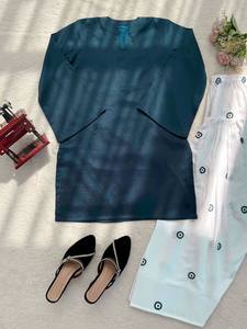 Women Blue Cotton Salwar Kameez Set White Palazzo With Black Dot Print Loose Fit <b>Ankle</b>-Length Traditional - Product Image 3