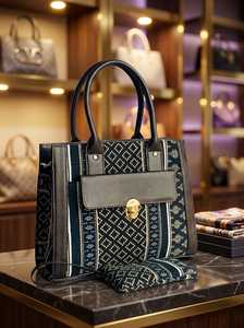 Bolso Tote de Lujo Azul Marino con Patrón Étnico para Mujer, Bolso Jacquard con Ribete de Cuero PU y Cierre Metálico - Product Image 3