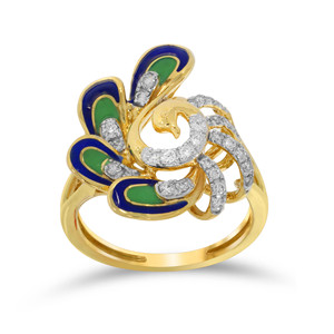 Bague de créateur en plumes de paon avec diamant de laboratoire, or jaune et émail, pour femme, fournisseur en gros - Product Image 1