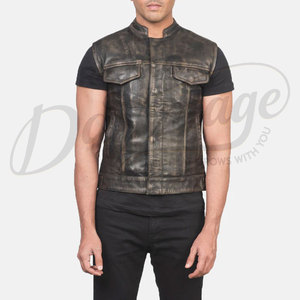 Chaleco de Cuero Genuino Marrón Vintage Personalizado para Hombre, Corte Ajustado, Sin Cuello, con Botones a Presión y Bolsillos - Product Image 2