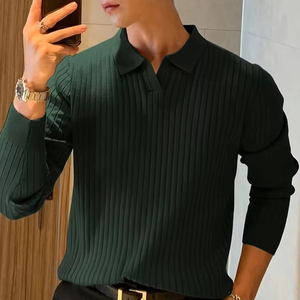 Mens Premium Ribbed Knit <b>Polo</b> Shirt Long Sleeve Slim Fit Buttonless V <b>Neck</b> Solid Color Textured Casual Men Pullover <b>Sweaters</b> - Product Image 3