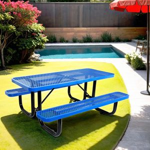 Tavolo da Picnic Rettangolare in Acciaio Blu da 6 Piedi per Esterni con Supporto per Ombrellone - Product Image 1