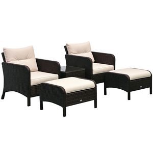 Set da 5 Pezzi in Rattan per Esterni: Tavolo da Conversazione con Piano in Vetro Temperato, 2 Sedie Imbottite e 2 Pouf - Product Image 1