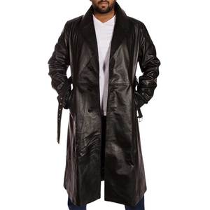 Abrigo de Invierno para Hombre de Cuero Genuino, Estilo Gabardina, Cierre de un Solo Botón, Resistente al Viento, con Estampado Repujado y Cinturón, Largo - Product Image 1