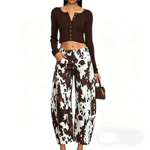 Women's High Waisted Wide Leg <b>Pants</b> Animal Print Loose Fit Ankle-Length Cotton Polyester Casual Spring Trousers - Product Image 1