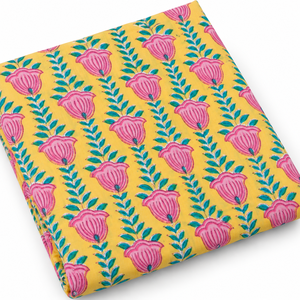 Tissu en voile de coton peigné léger imprimé à la main Pinksa, motif feuilles jaunes et bleues, 90 GSM - Product Image 5