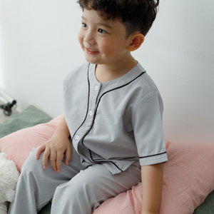 Algodón Bambú Poly Alta Calidad Diseño al por mayor Pijamas Bebé Manga corta Pantalones largos Gris Rayas Ropa de Casa Pijama - Product Image 3