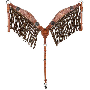 Buffalo Drift Cow Skull Headstall Twisted Fringe Breast Collar and Reins Western Horse Tack Set Premium Handmade Genuine Leather - Product Image 3