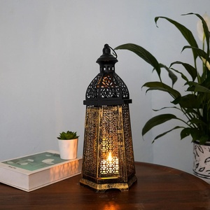 Antique Finish <b>Moroccan</b> Metal <b>Lanterns</b> Set Of 2 Bronze Cutout Design Hexagonal Shape For Home Decoration & Ramadan Lighting - Product Image 4