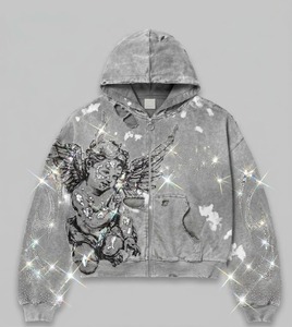 Custom Oversized Vintage Acid Wash Purple Rhinestone Hoodie Heavy <b>Fabric</b> Distressed Graphic Zip Up Streetwear Hoodie For Unisex - Product Image 2
