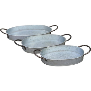 Elegant Round Galvanized Metal <b>Serving</b> <b>Tray</b> Set Of 2 With Copper Handles Decorative Steel Platter For Food Drinks & Home Decor - Product Image 3