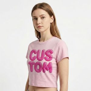 Custom Women's Pink <b>Crop</b> <b>Top</b> Puff Print Crew Neck Short Sleeve Casual Tank <b>Top</b> 100% Cotton Knitted Streetwear - Product Image 1
