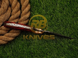 Cuchillo Plegable de Acero de Damasco con Hoja de Punta Caída, Mango de Resina, Empuñadura de Cobre, Cuchillo para Camping al Aire Libre con Funda de Cuero - Product Image 3