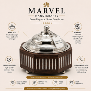 Cazuela de Lujo de Madera y Acero Inoxidable Aislada con Tapa Martillada, Olla Premium Hecha a Mano, Tazón para Servir, Elegante Regalo para la Mesa - Product Image 5