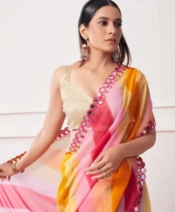Sari de Rayón Georgette Liso/Sólido de Diseño KV para Fiesta (Multicolor, Sin Arrugas, Reversible) - Product Image 1