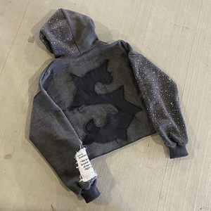 เสื้อฮู้ดซิปผู้ชายสไตล์สตรีทแบบคัสตอม ปักลายปะติดแบบดิสเทรส ผ้าฝ้ายฟอกสี ตกแต่งด้วยคริสตัล - Product Image 4