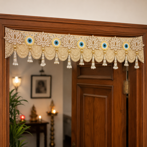Décoration de porte artisanale Lotus Evil Eye Bandhanwar Toran avec pompon de perles et dentelle dorée pour mariage et fêtes, décoration de la maison - Product Image 2