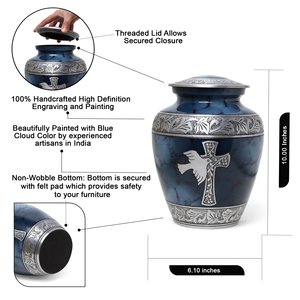 Urne funéraire Blue Cloud avec croix et oiseau gravés, urne commémorative pour adultes, urne pour cendres funéraires, urne souvenir - Product Image 2