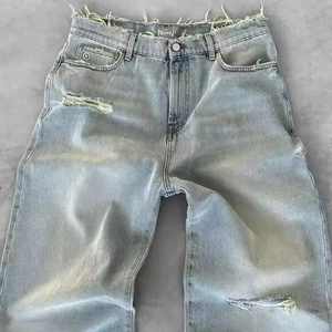 Jean droit déchiré taille haute pour homme, coupe ample, en denim de coton, style streetwear décontracté, grandes tailles - Product Image 2