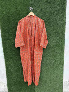 Kimono de Algodón con Estampado Floral de Bloques Indios, Largo, Abierto por Delante, Cuello en V, Estilo Boho Casual, para Playa, Verano, Primavera, Ecológico - Product Image 5