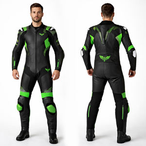 Combinaison de moto en cuir personnalisée de style Moto GP, noire et verte, une pièce, pour la course sur circuit, protection pour motards - Product Image 1