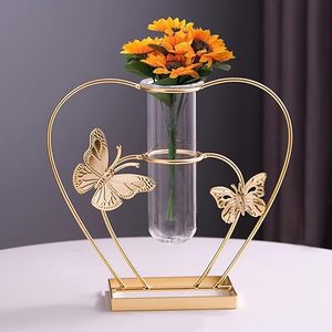 Golden Heart Shape Butterfly Metal <b>Vase</b> With <b>Clear</b> Glass Tube For Tabletop Decor - Product Image 1