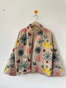 Veste courte en velours beige vintage pour femme, brodée à la main avec des motifs floraux, style kimono, col mandarin, blazer chaud pour l'hiver - Product Image 6