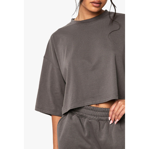 Exporter & Clothing Manufacturer Adjustable Waist Shorts & Drop Shoulder Crop Top T Shirts Sets Custom Made Shorts Set - Product Image 4