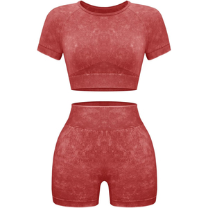 Two Piece Yoga Set Crew Neck <b>Crop</b> <b>Top</b> High Waist Shorts Solid <b>Red</b> Spandex Polyester Sweat Wicking Workout Wear - Product Image 1