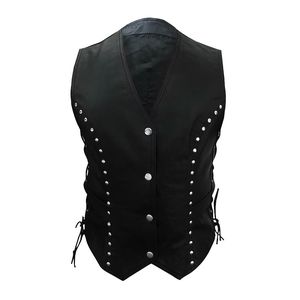 Nouvelle arrivée : Gilet en cuir véritable noir sans manches pour femme, avec strass personnalisés, imperméable et coupe-vent, style motard. - Product Image 4