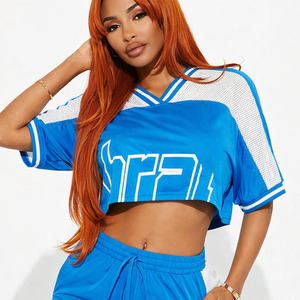 Conjunto deportivo de dos piezas para mujer, estilo jersey de fútbol americano, azul, corto, de malla, transpirable, con cuello en V, top corto. - Product Image 5