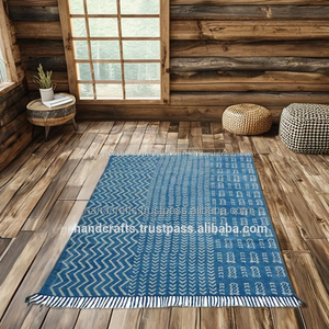 En gros À La Main Pur Coton Tapis Naturel Bleu Indigo Tapis - Product Image 1