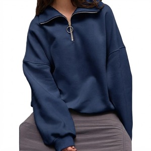 Women’s <b>Navy</b> Blue Quarter Zip Pullover Sweatshirt High Neck Long Sleeve Casual Oversize Street wear Fleece <b>Top</b> Custom Apparel - Product Image 1