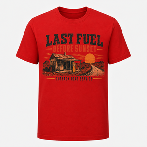 <b>Red</b> Short Sleeve Front Print T-Shirt Last Fuel Sunset Outback Road Service Desert Retro Design Crew Neck Men's 100% Cotton - Product Image 1