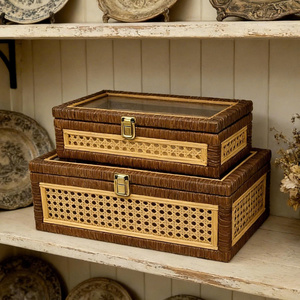 Elegance Touch Rustic Look Handcrafted Eco-Friendly Rectangle Rattan Jewelry <b>Box</b> <b>Set</b> in Brown with Glass Lid for Room Decor - Product Image 1