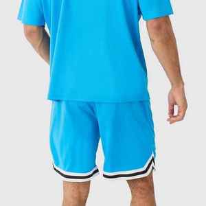 Men's Blue Crew Neck T-Shirt Set Solid Color Knitted Casual Summer Wear Breathable Street Style - Product Image 3