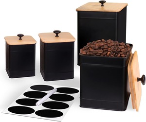 Black Metal Kitchen Canister Set With Wooden Lid Airtight Storage Container For Coffee Tea Sugar Stylish Home Organizer - Product Image 1