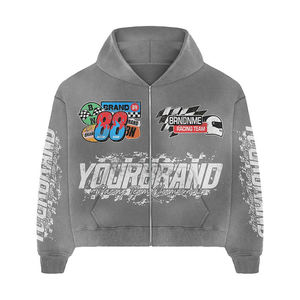 ชุดเซ็ตฮู้ดดี้ซิปและกางเกงวอร์มขาบานสำหรับผู้ชายไซส์ใหญ่พิเศษ ผ้าฝ้าย/เฟรนช์เทอร์รี่ พิมพ์โลโก้ตามสั่ง ล้างสีแบบแอซิดวอช - Product Image 4