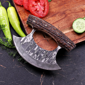 Cuchillo de Cocina Artesanal DIY de Acero de Damasco Ulu para Pizza, Cuchillo Oscilante, Picador de Hierbas, Mango de Cuerno, Funda de Cuero, Cuchillo de Chef OEM - Product Image 6
