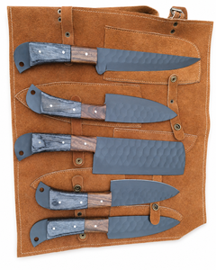 Ensemble de couteaux de chef en acier carbone forgé à la main, 5 pièces, manche en résine, moderne, pour droitier, étui en cuir, finition haute brillance, fait main sur mesure - Product Image 1