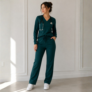 Spandex <b>Scrub</b> <b>Set</b> Solid Teal Hospital Uniform Stretch Top and Pants Surgical Nurse Uniform <b>Set</b> - Product Image 1