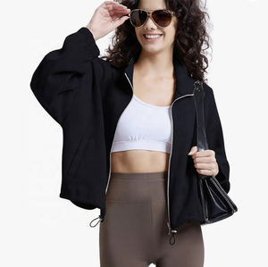 Sudadera recortada con cremallera completa de lana para invierno y otoño para mujer, chaqueta de manga larga con cuello alto y cremallera, capucha corta, chaqueta informal con cuello levantado - Product Image 1