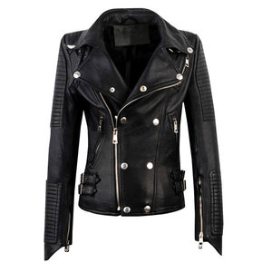 Chaqueta de Motociclista de Cuero Genuino de Oveja Negra para Mujer, de Buena Calidad, con Cierre, Cuello Camisero, Chaqueta de Cuero a la Moda - Product Image 1